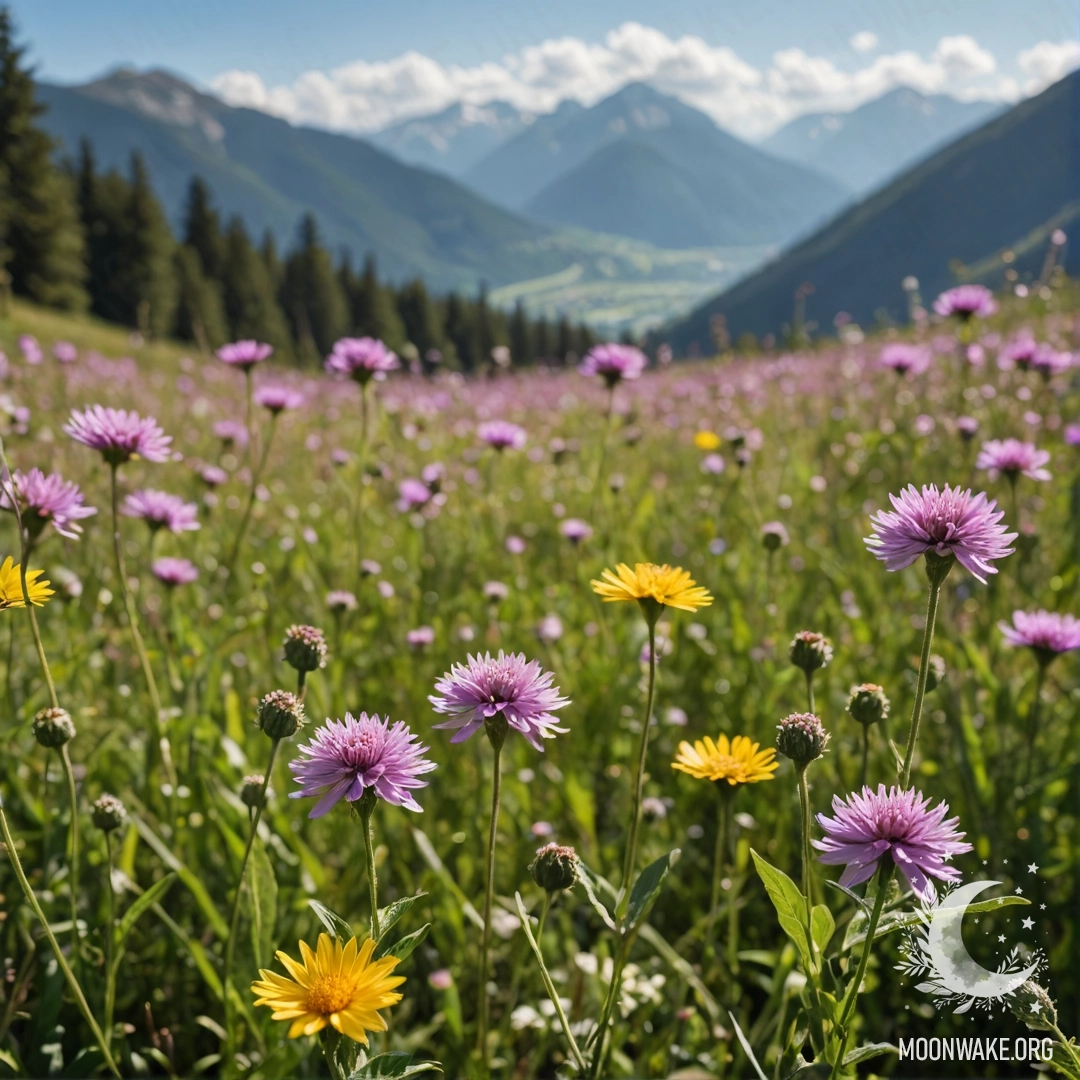 A close-up of beautiful field flowers with blurred mountains in the background on a sunny day.