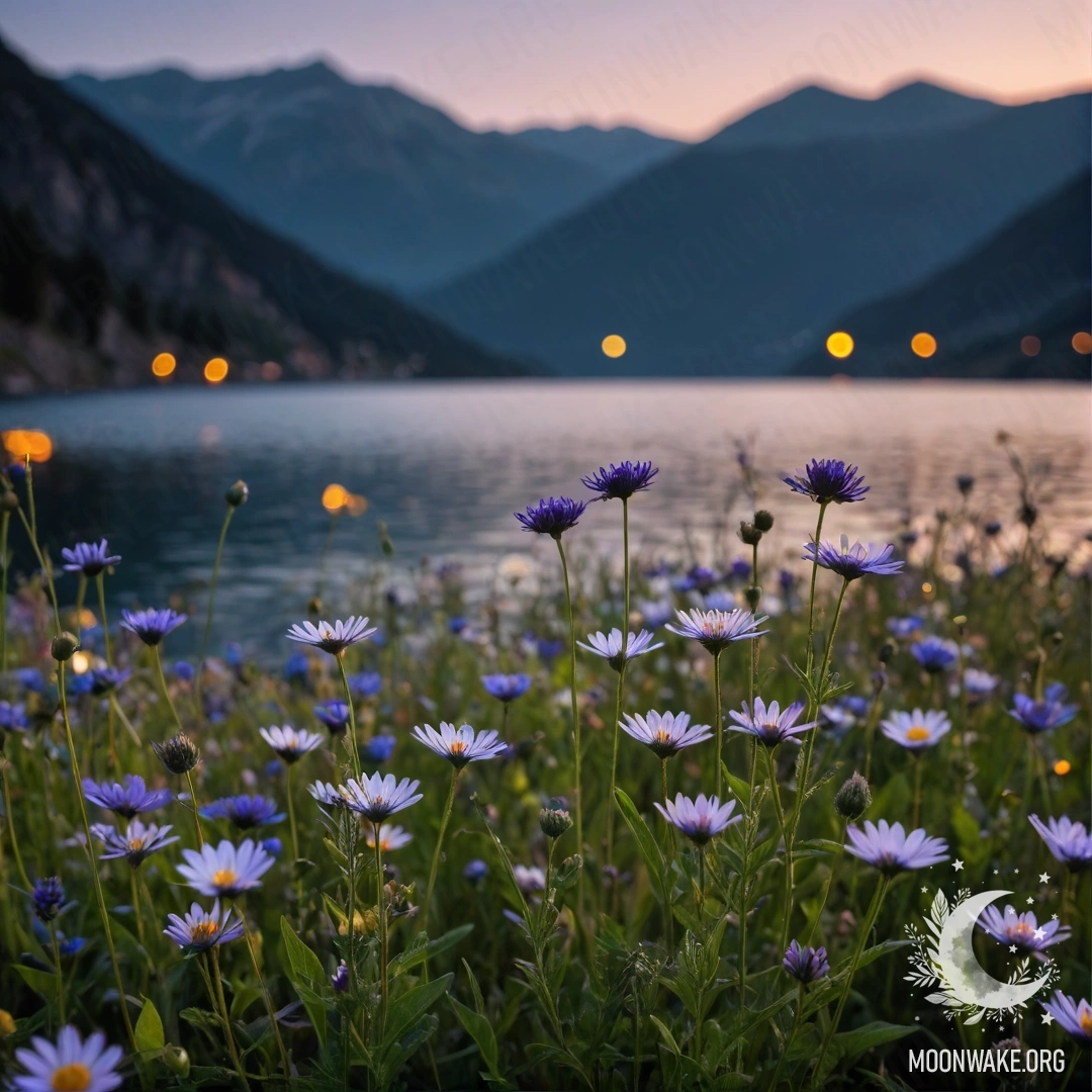 Romantic Flower Field by Moonlit Lake Close up of colorful field flowers with a blurred mountain lake background at night.