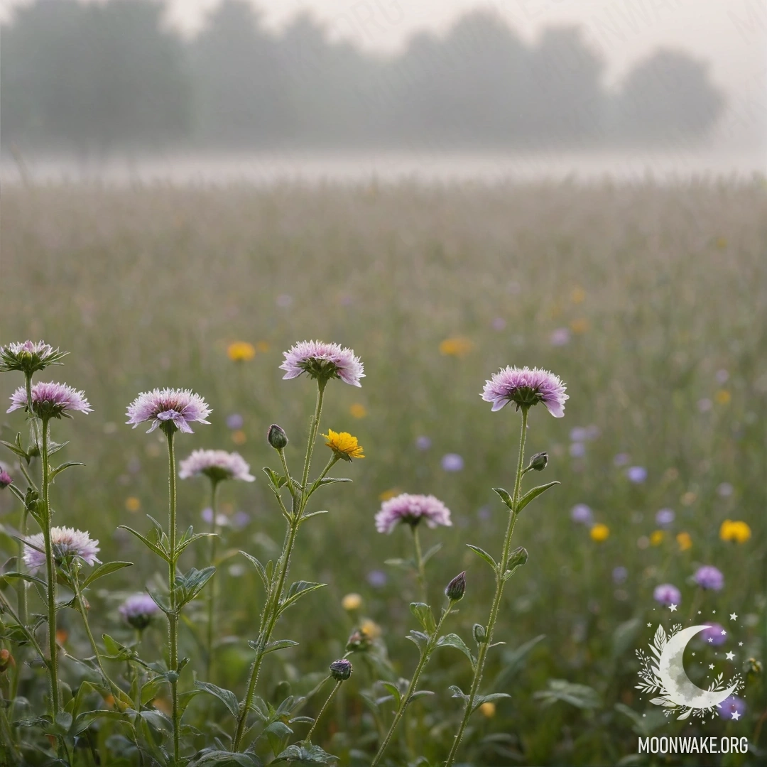 Romantic Field Flowers in Mist Close-up of vibrant flowers in a field, shrouded in heavy fog.