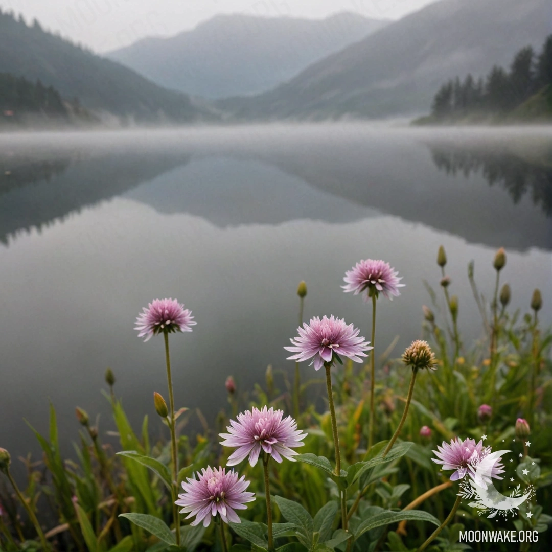 Close-up of vibrant field flowers against a misty mountain lake.