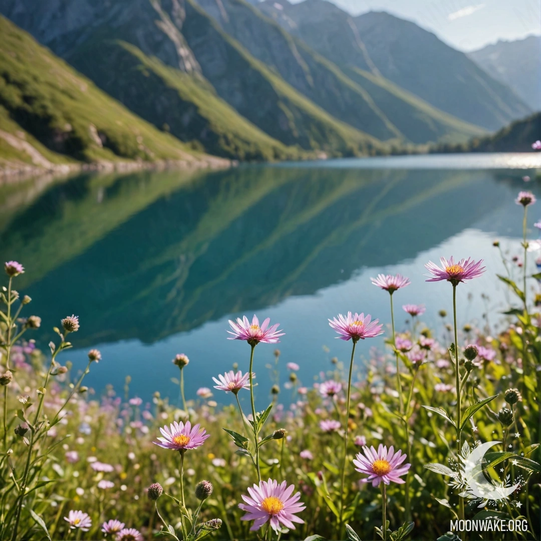 Close-up of colorful field flowers with a blurred mountain lake in the background
