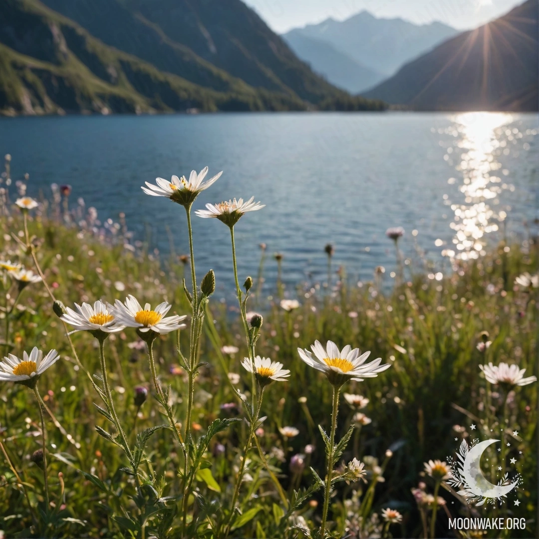 Romantic Field Flowers by Mountain Lake Close-up of colorful field flowers with a blurred mountain lake backdrop