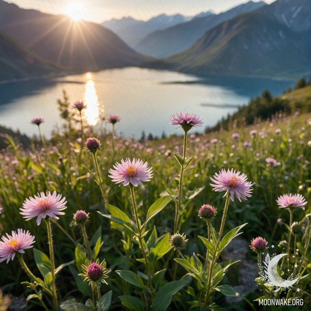 Romantic Field Flowers by Mountain Lake Close-up of delicate flowers in a field with a blurred mountain lake in the background, illuminated by soft lens flares.