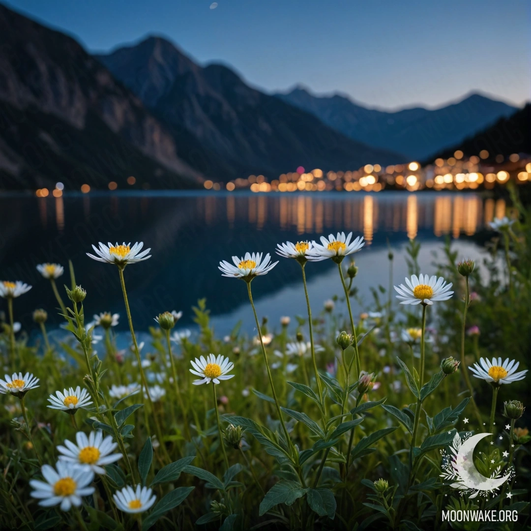 A close-up view of delicate field flowers with a bokeh background of a mountain lake at night.