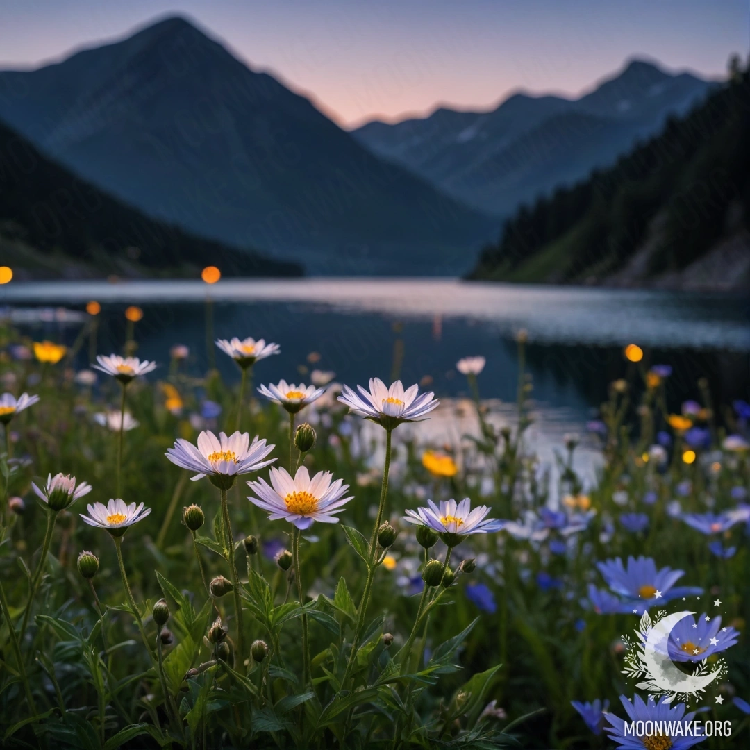 Close-up of romantic field flowers with a bokeh background of a mountain lake at night.