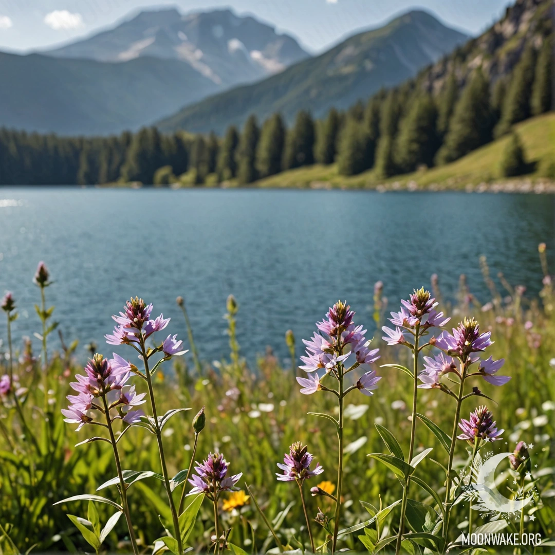Close-up of colorful field flowers with a bokeh background of a mountain lake.