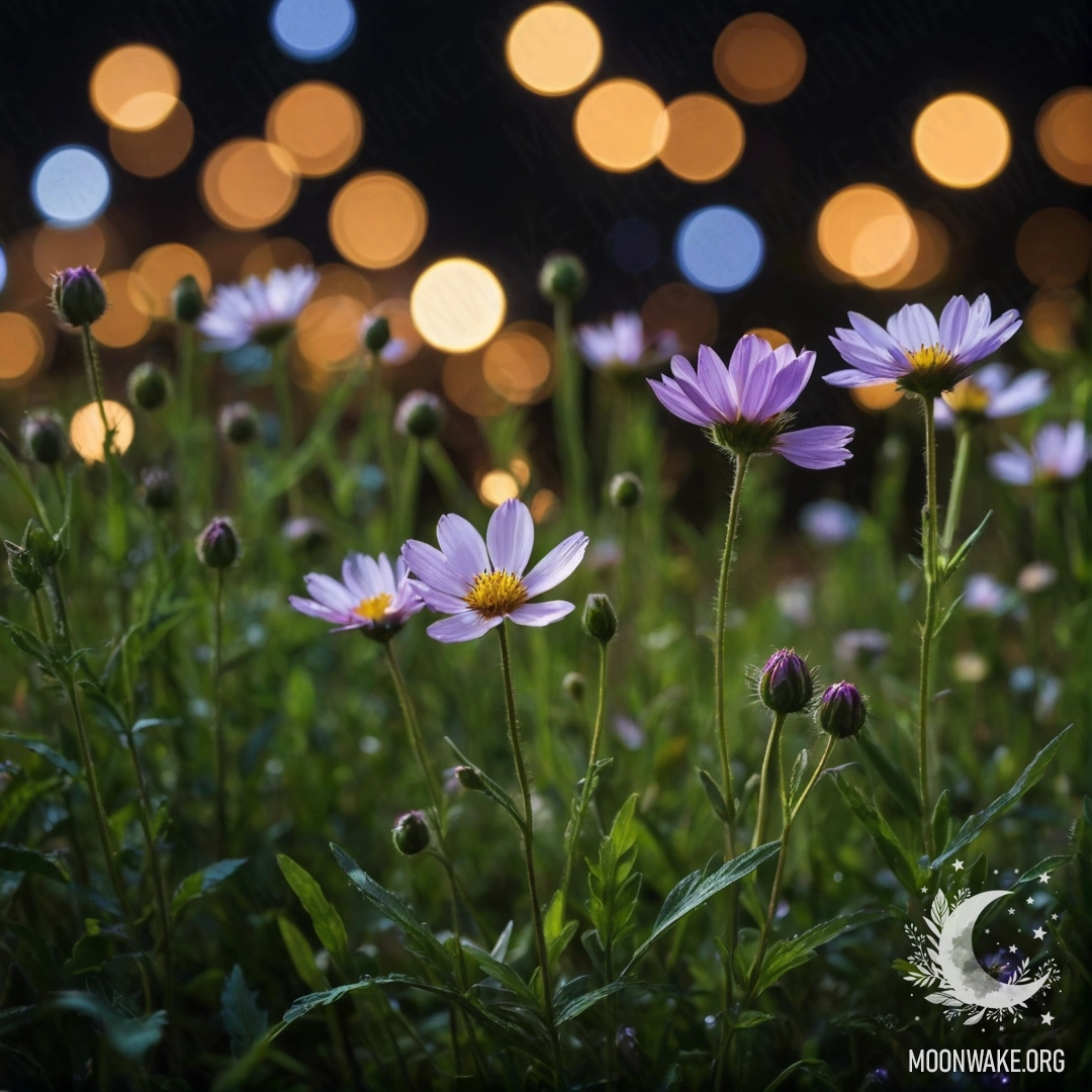 Close-up of romantic field flowers against a bokeh backdrop at night.