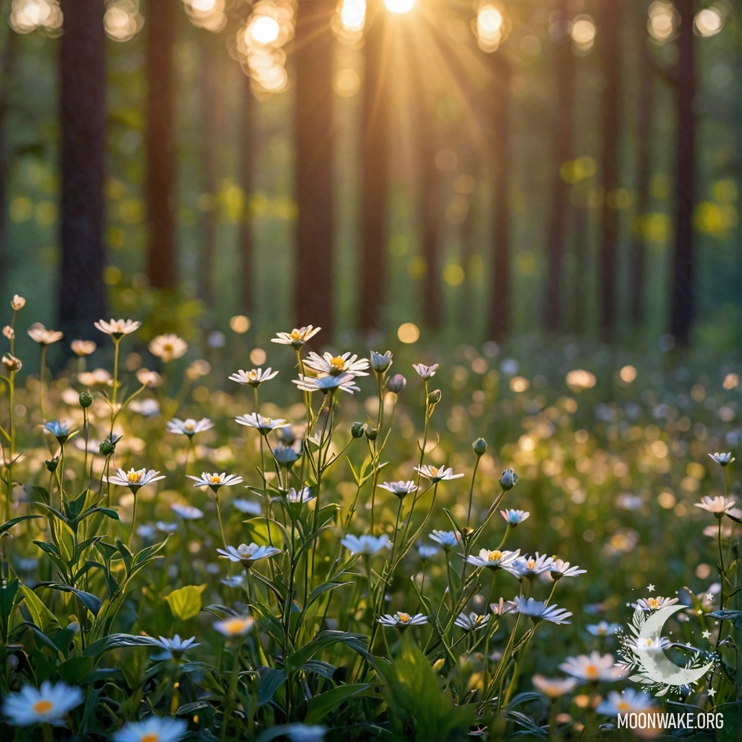 Close-up of vibrant field flowers against a dreamy bokeh forest, with soft sun rays illuminating the scene at night.