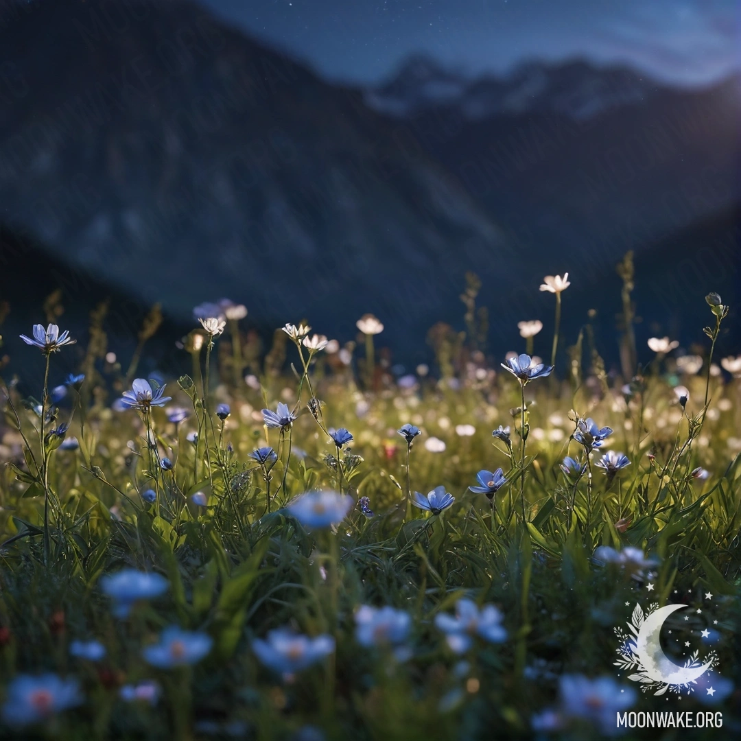 Close-up of romantic field flowers with a blurred mountain background at night.