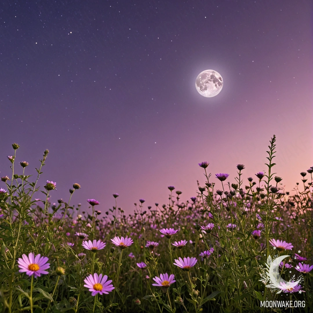 Romantic Evening Flowers Against a Pink Sky Close-up of colorful flowers in a field under a moonlit sky.
