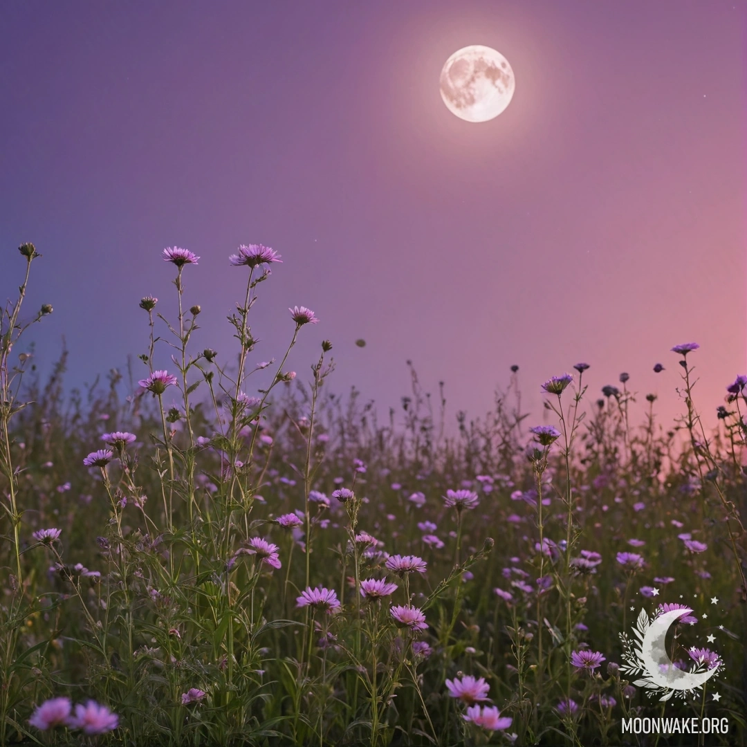 Close-up of flowers in a field against a pink violet sky with the moon at night.