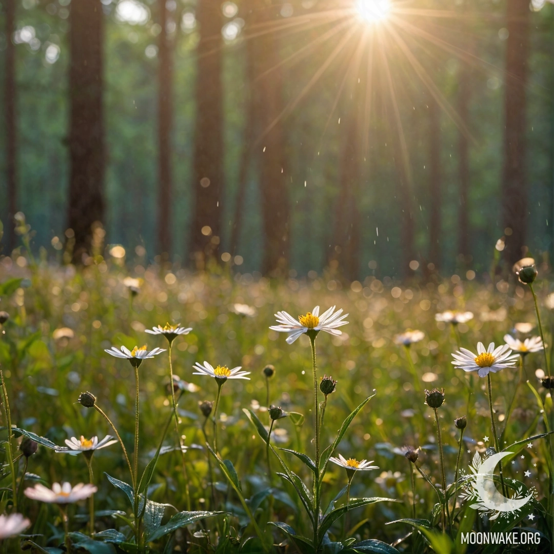 Romantic Field Flowers in Rays of Sunlight Close-up of field flowers with a blurred forest background illuminated by sun rays during the rain.