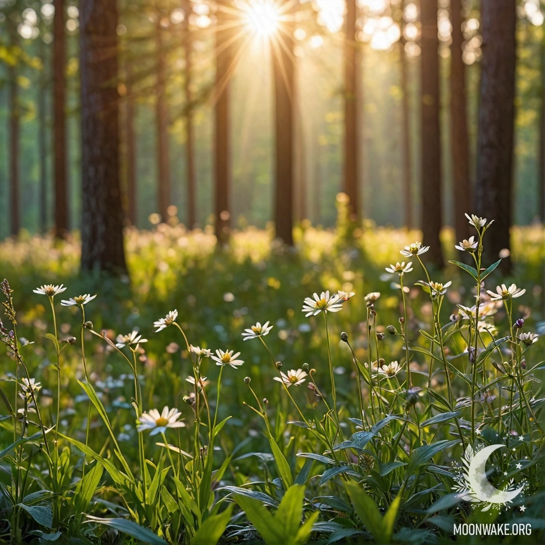 A close-up of vibrant field flowers in the sunlight with a bokeh forest background.