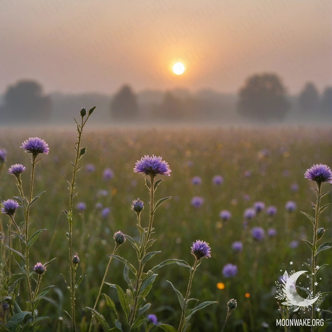 Close-up of romantic field flowers with a bokeh background, foggy sunset, and rain.