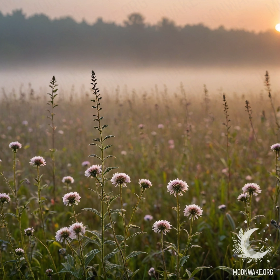 A close-up of romantic field flowers in a misty setting during sunset.