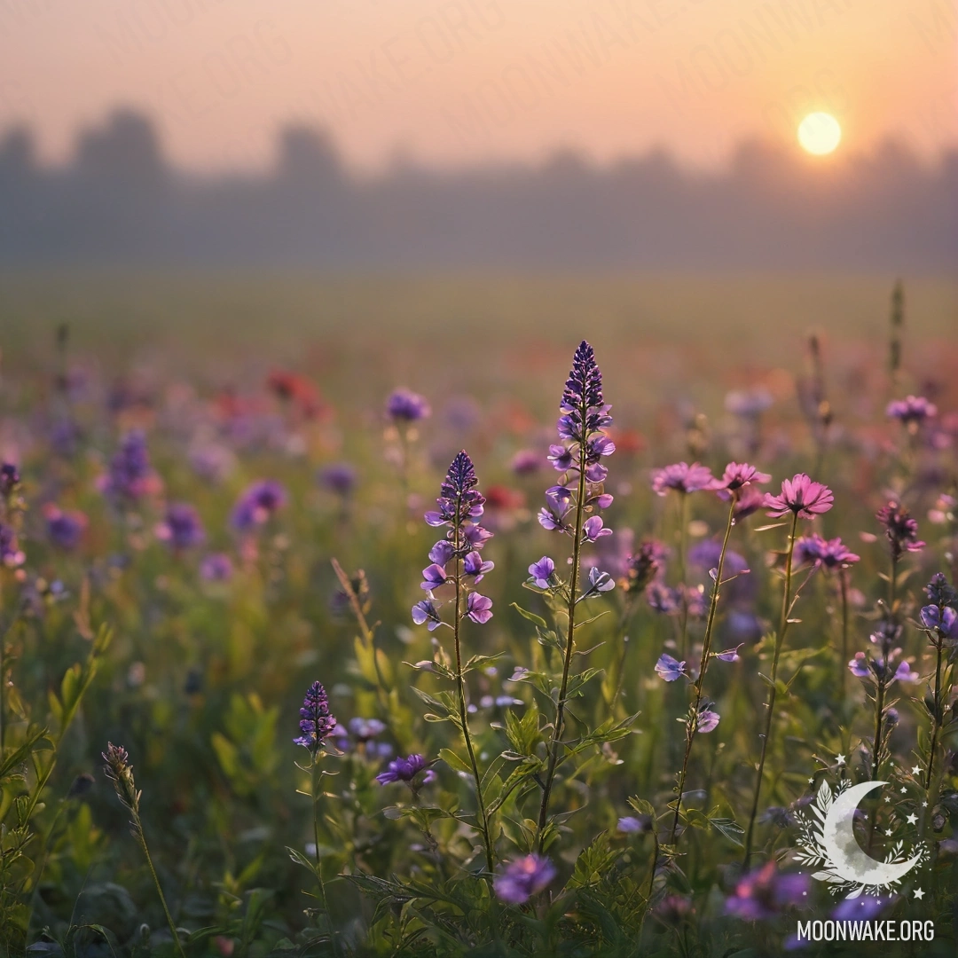 Close-up of colorful flowers in a field with a foggy sunset background.