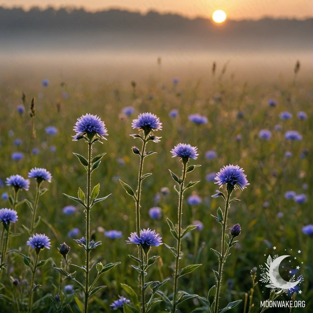 Romantic Field Flowers at Sunset Close-up of flowers in a foggy field at sunset with bokeh background.