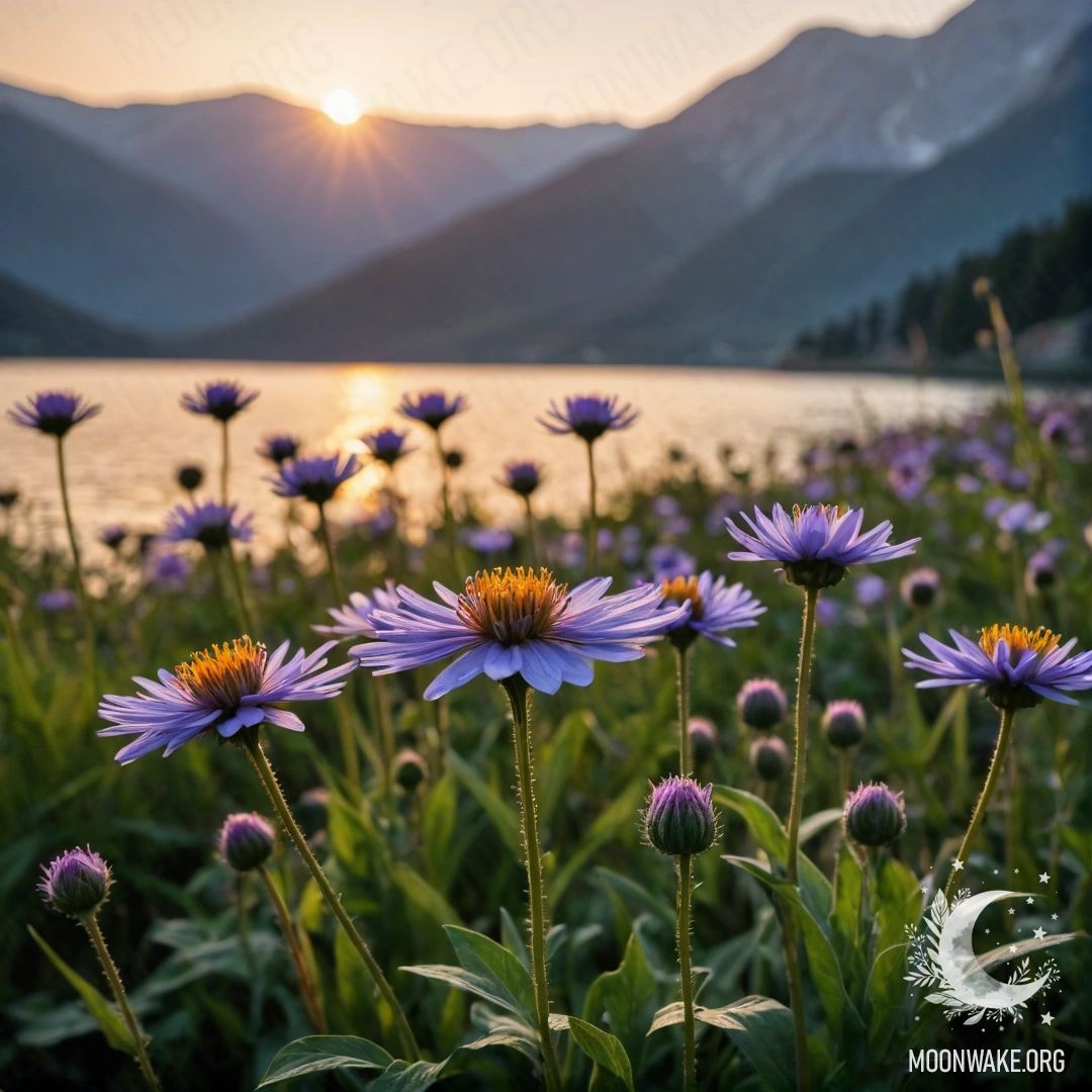 Close-up of romantic field flowers against a bokeh background of a mountain lake during sunset.