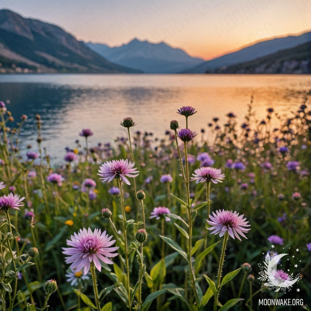 Romantic Field Flowers at Sunset Close-up of colorful field flowers against a bokeh background of a mountain lake during sunset.