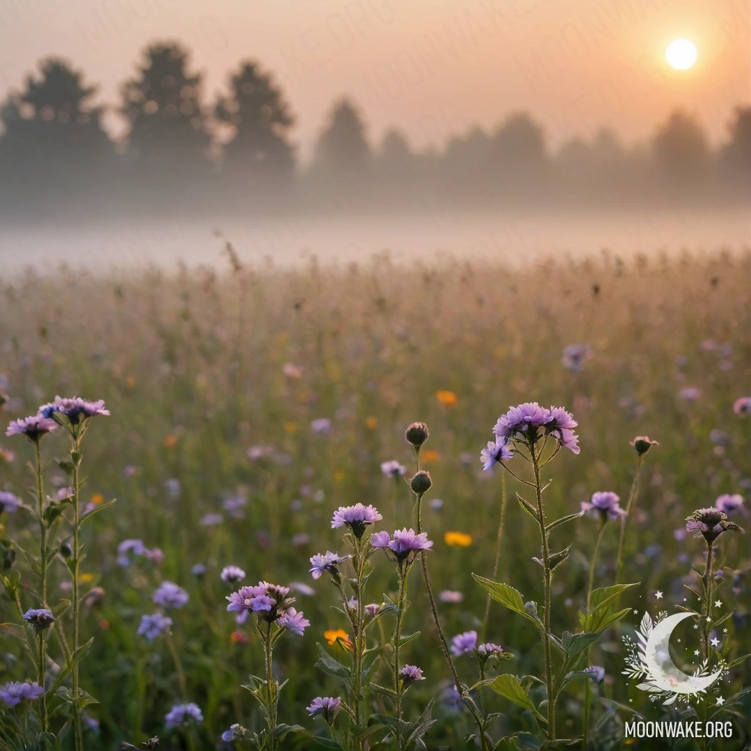 Romantic Field Flowers at Sunset Close-up of romantic field flowers set against a bokeh background with fog during sunset.