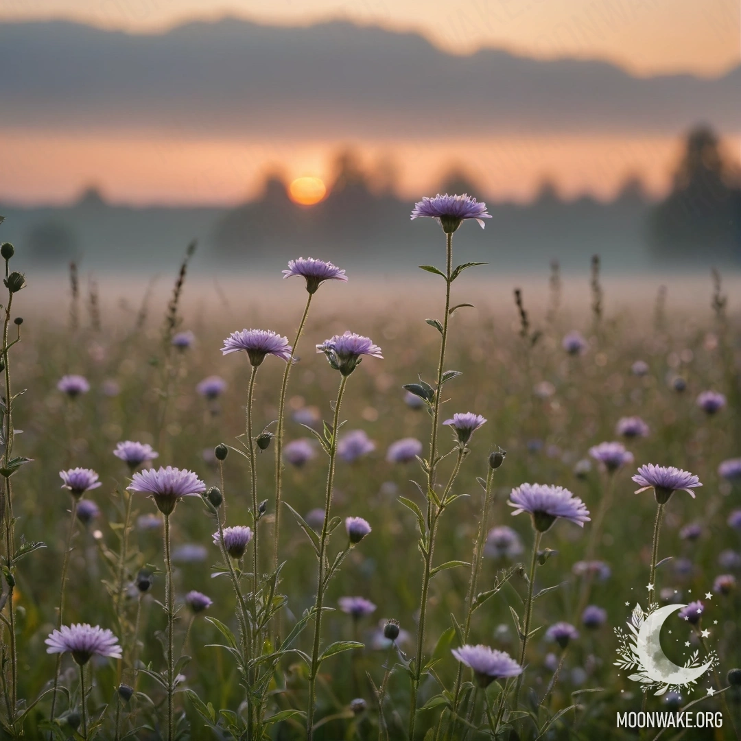 Close-up of romantic flowers with a bokeh background of a foggy field at sunset