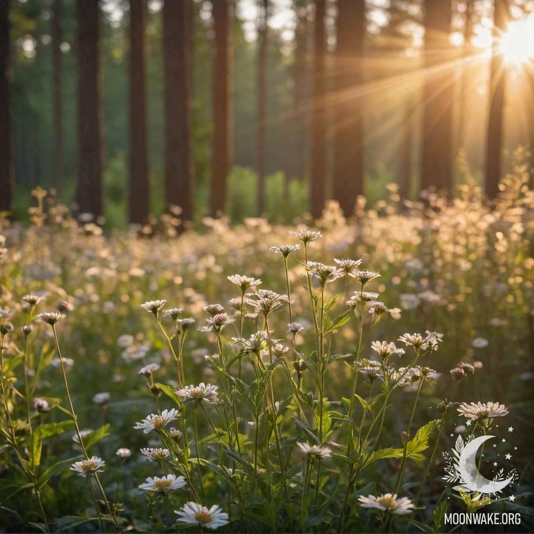 Close-up of colorful field flowers with blurred forest backdrop and sun rays filtering through the trees at sunset.