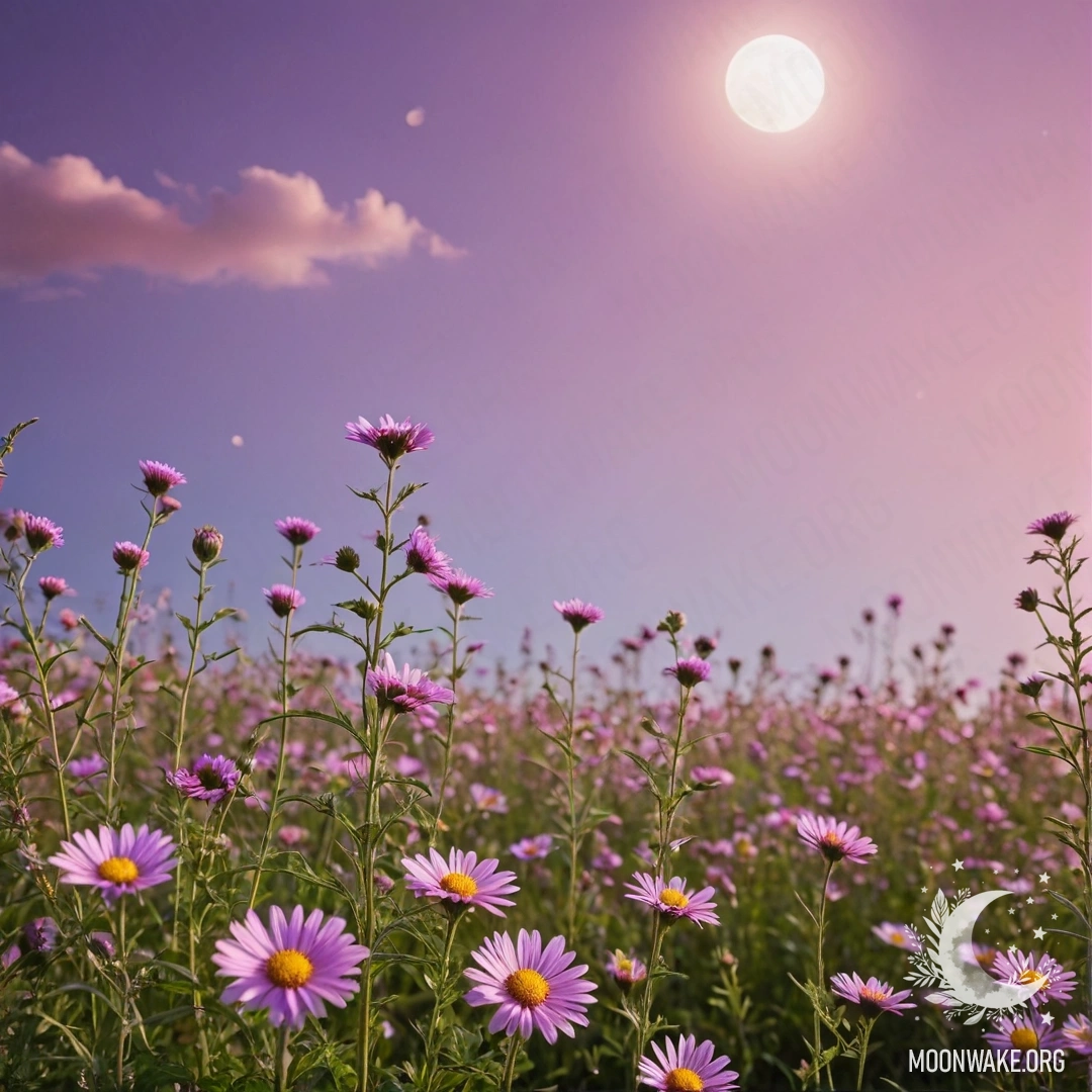 Romantic Field Flowers at Sunset Close-up of romantic field flowers in front of a pink violet sky with a moon.