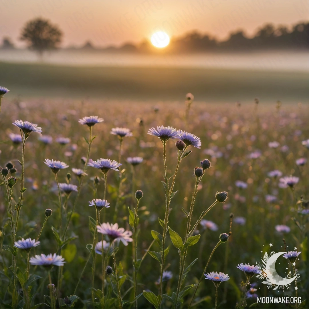 Close-up of delicate flowers in a foggy field at sunset, with soft bokeh effects.