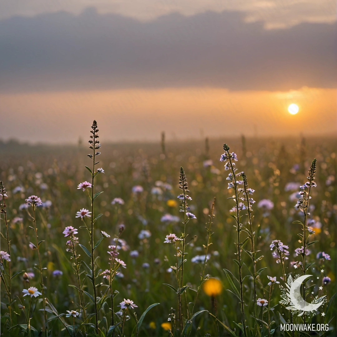 Close-up of colorful flowers in a foggy field at sunset with bokeh effect.