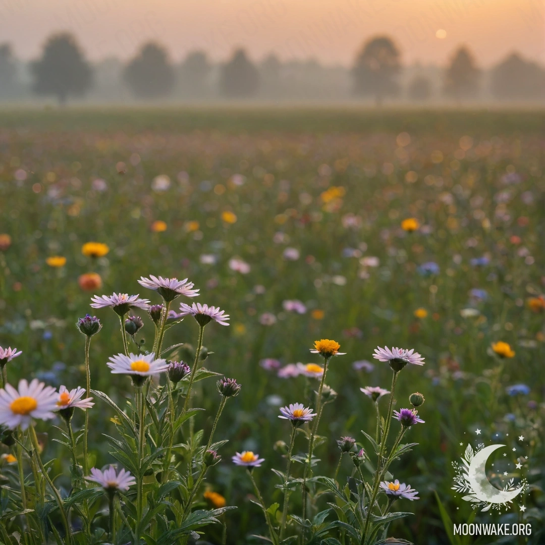 Close-up of romantic field flowers against a blurred background with fog and sunset rain.