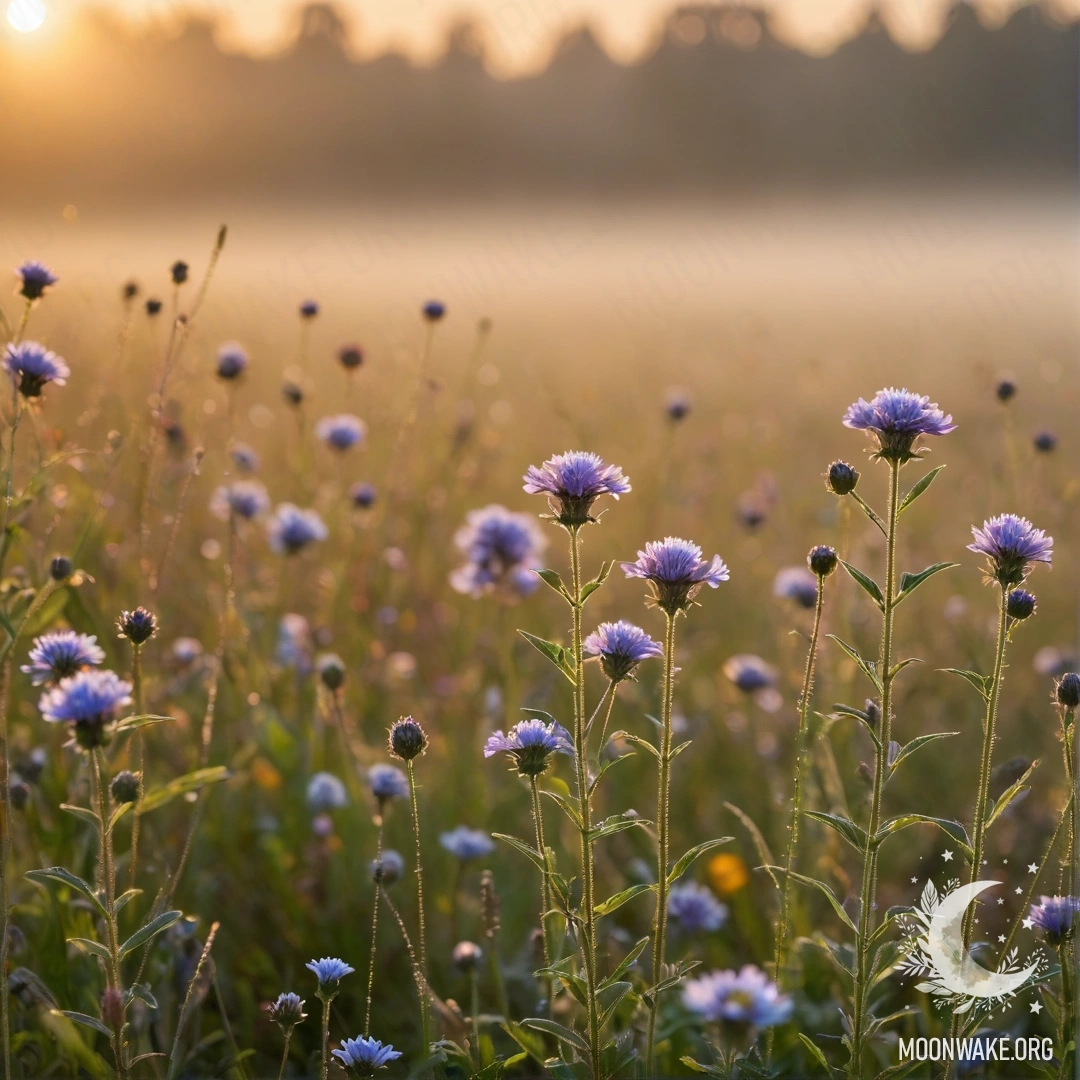 Close-up view of delicate field flowers with a bokeh background at sunset, softened by fog and lens flares.