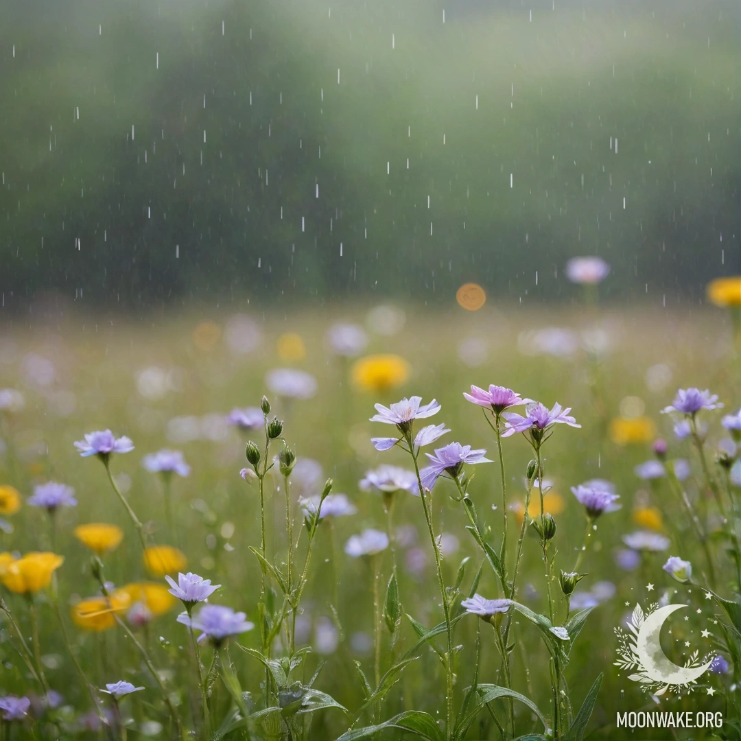 Romantic Field Flowers Under Rain Close-up of delicate flowers in a field, blurred background, gentle rain.