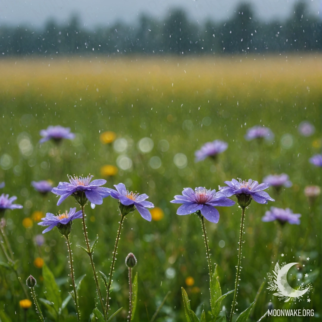 Romantic Field Flowers Under Rain Close-up of delicate flowers in a field against a bokeh sky with rain.