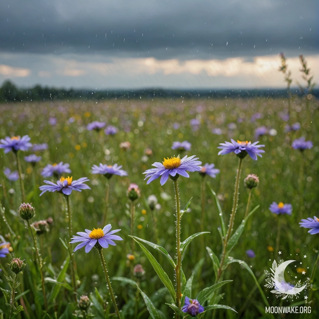 Romantic Field Flowers Under Rainy Sky Close-up of colorful flowers in a field with a bokeh sky and rain.