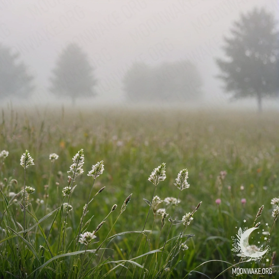 Close-up of grass in a foggy field with blurred flowers.