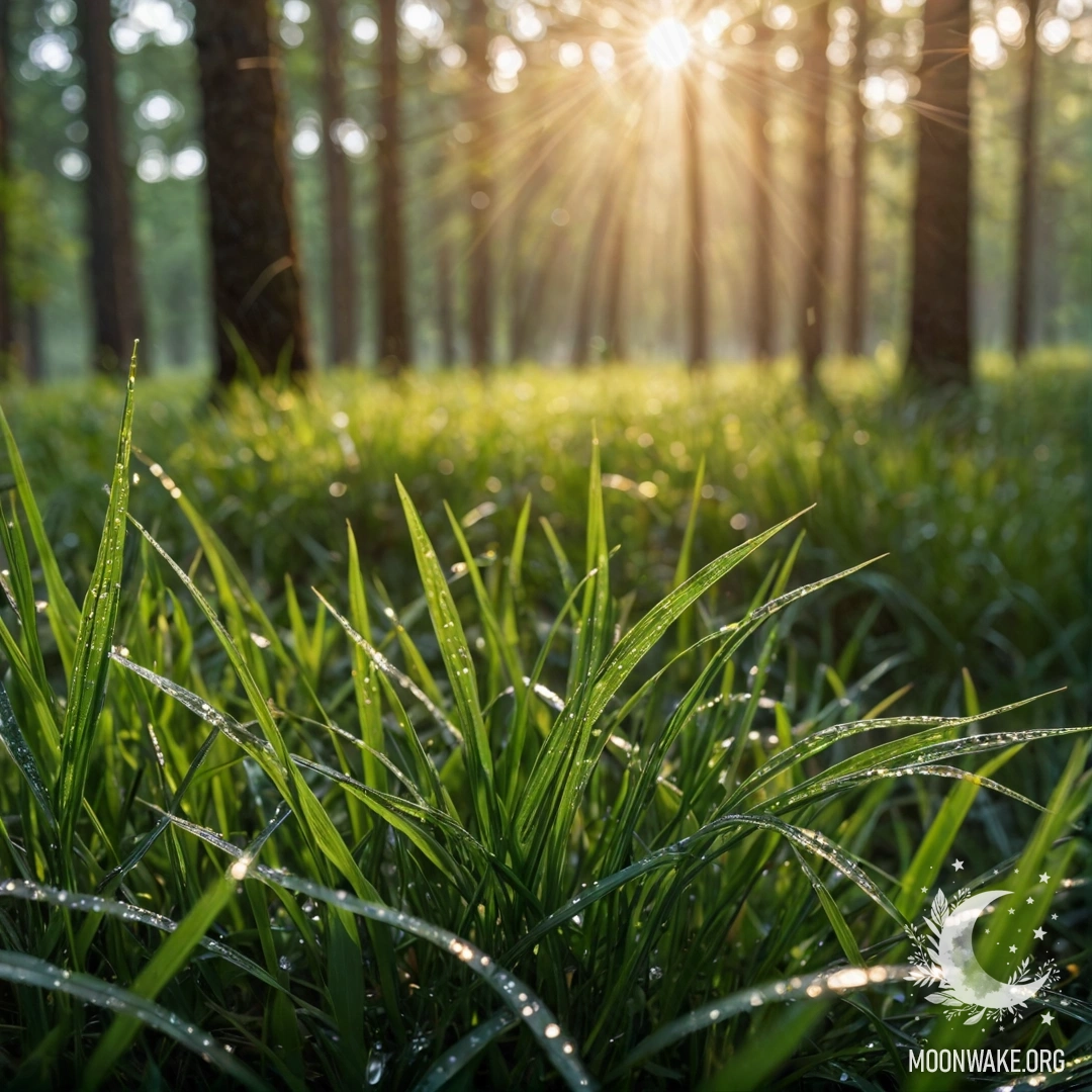 Close-up of grass in a romantic field with a blurred forest background and sun rays filtering through trees.