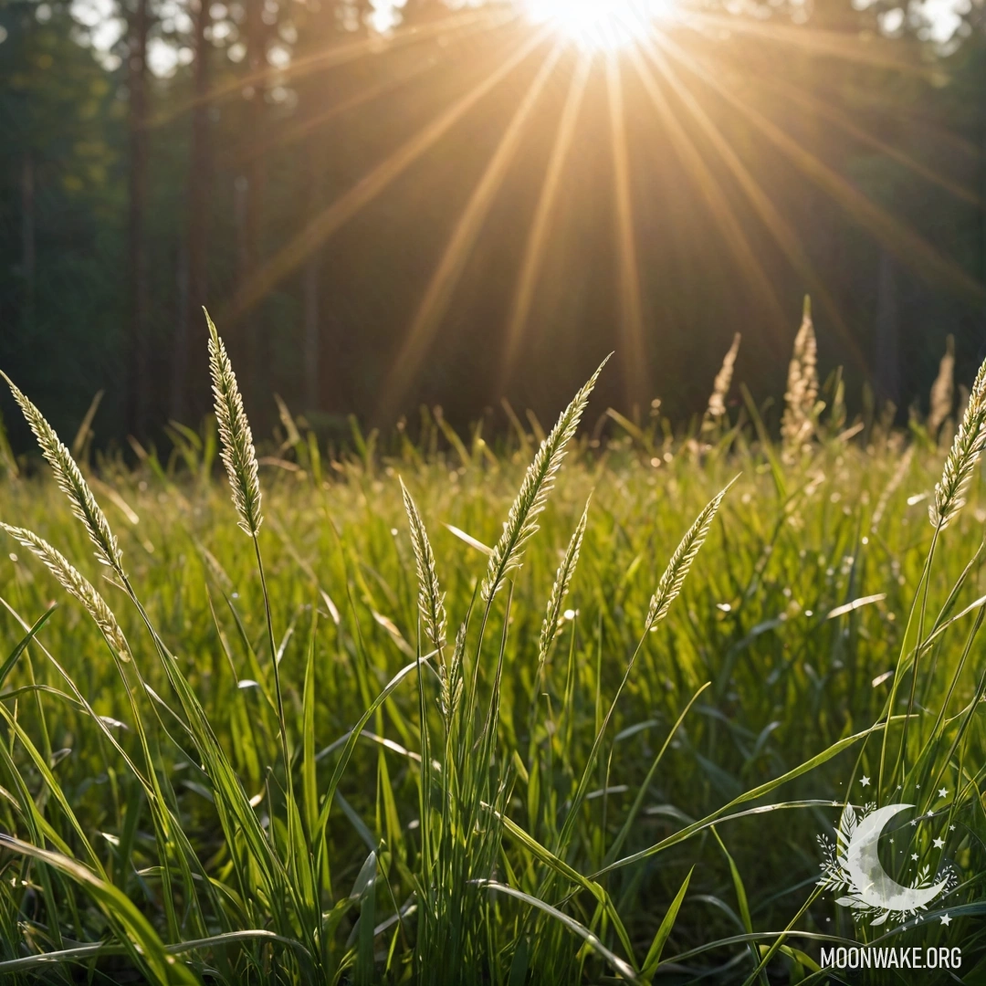 Close-up view of romantic field grass against a blurred forest with sunlight filtering through, creating lens flares.