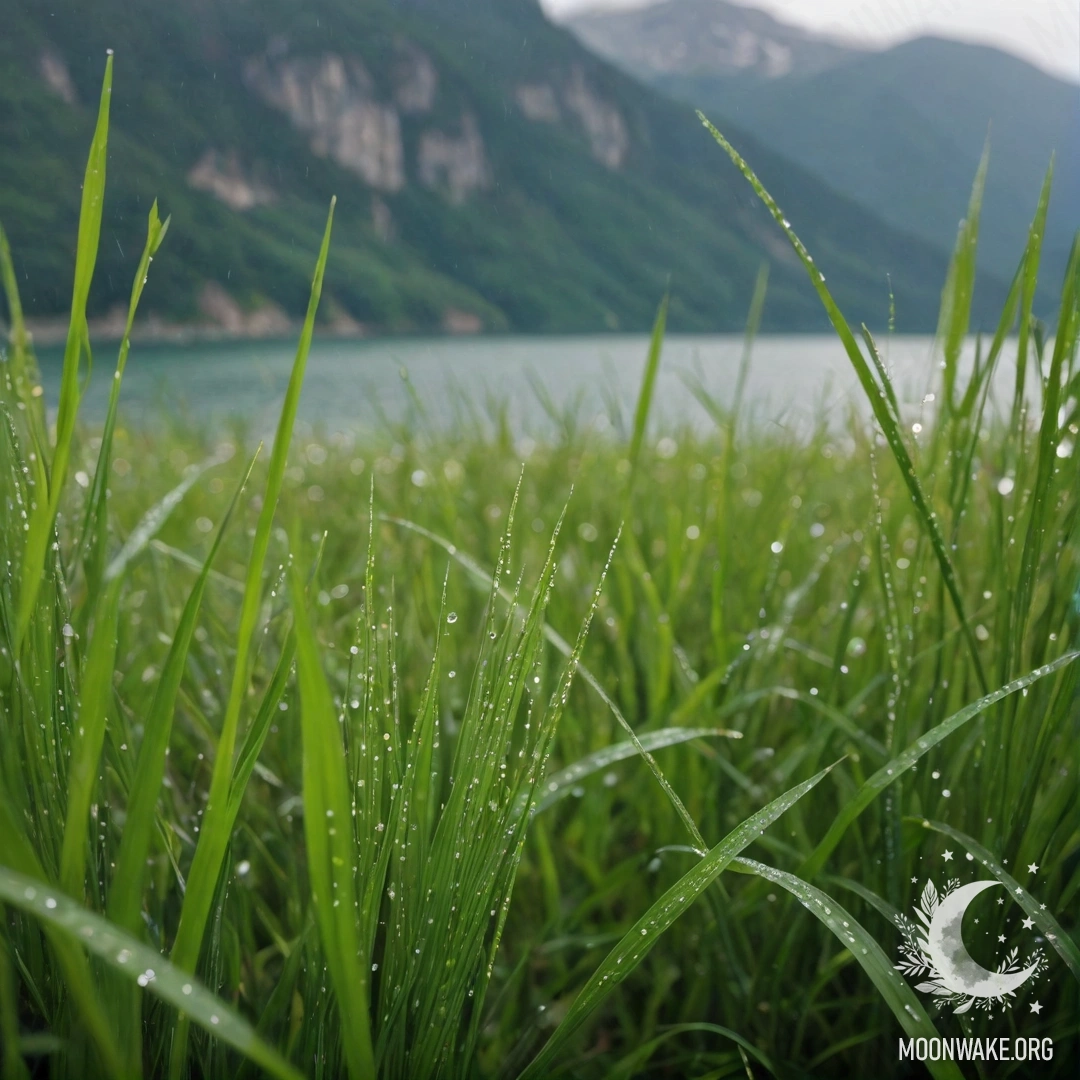 Close-up of grass in a romantic field, with a bokeh effect of a mountain lake under the rain.