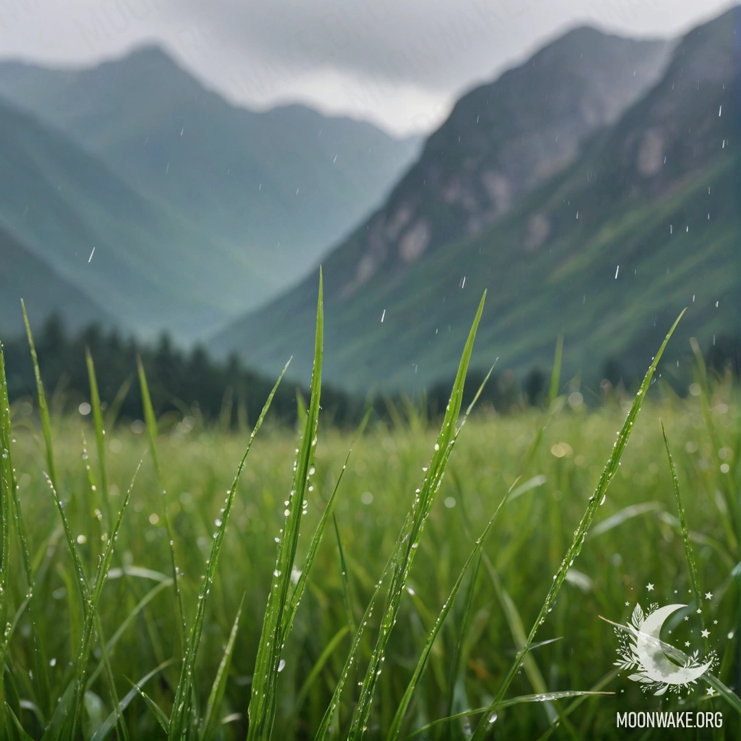 Romantic Field with Grass and Mountains in Rain A close-up of grass in a romantic field against a blurred mountain backdrop under the rain.