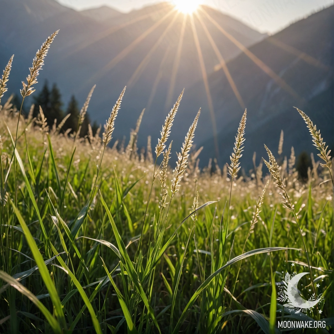 Close-up of grass in a romantic field against blurred mountains with sun rays.