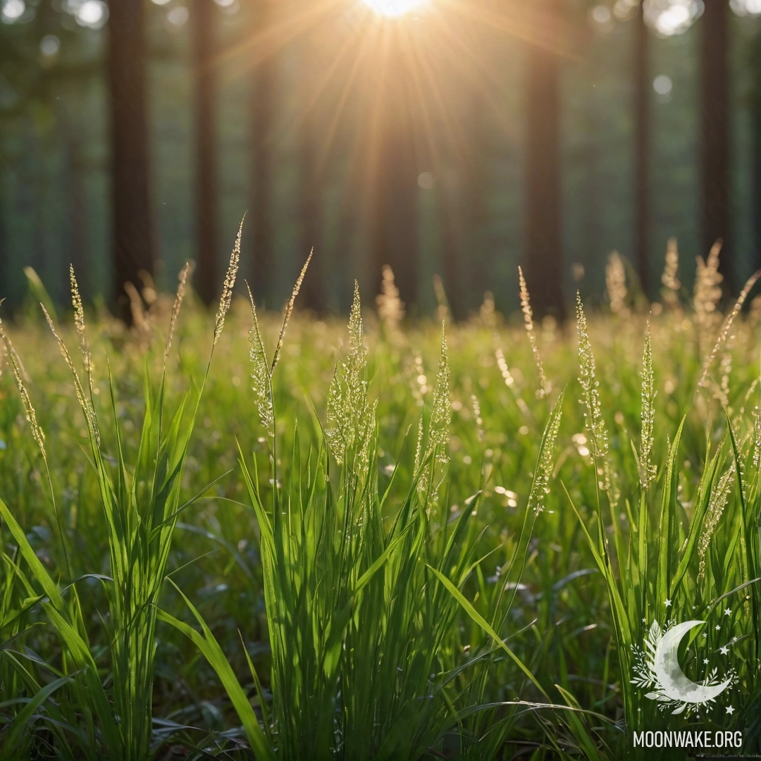 Close-up of grass in a romantic field with blurred trees and sun rays at night.