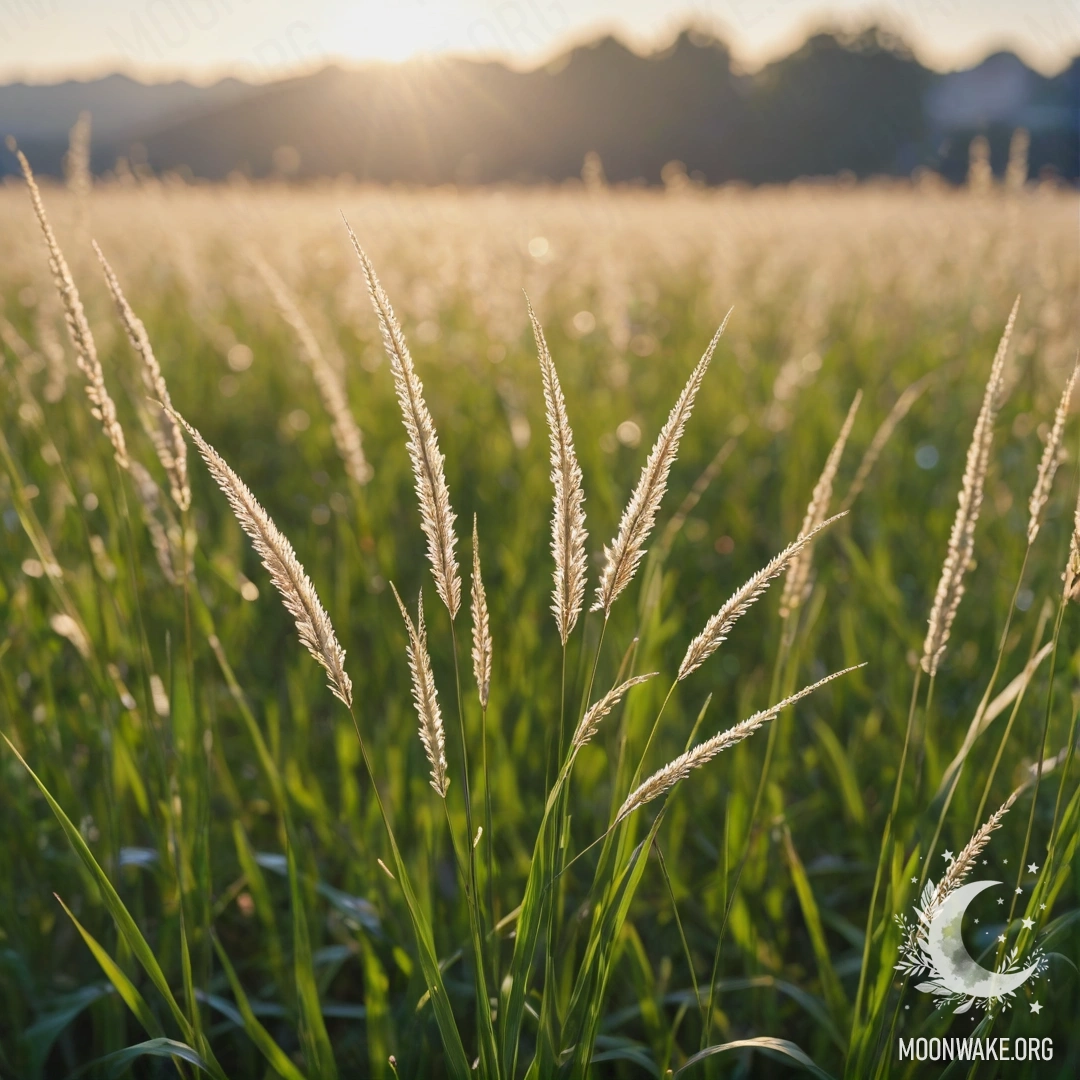 A close-up view of grass in a romantic field under a bokeh sky.
