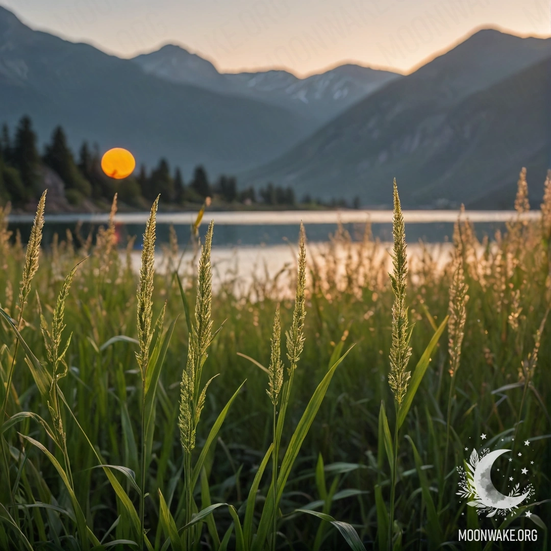 Close-up of delicate grass in a romantic field with a sunset reflection on a mountain lake.