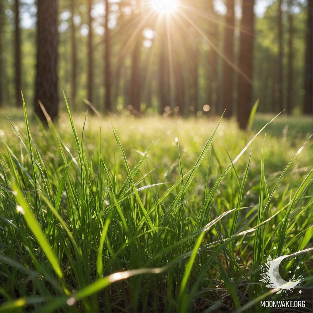 Close-up of grass in a romantic field with a bokeh forest background and sun rays.