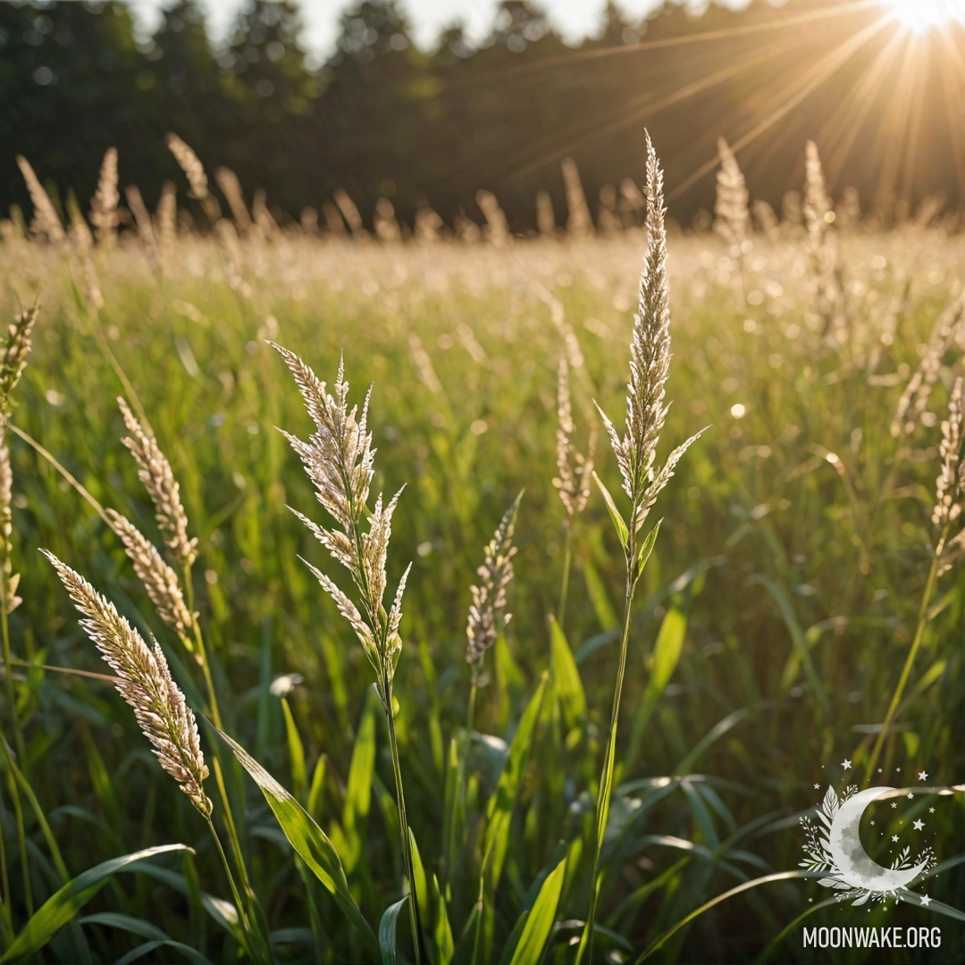 Close-up of grass and flowers in a romantic field with sunlight