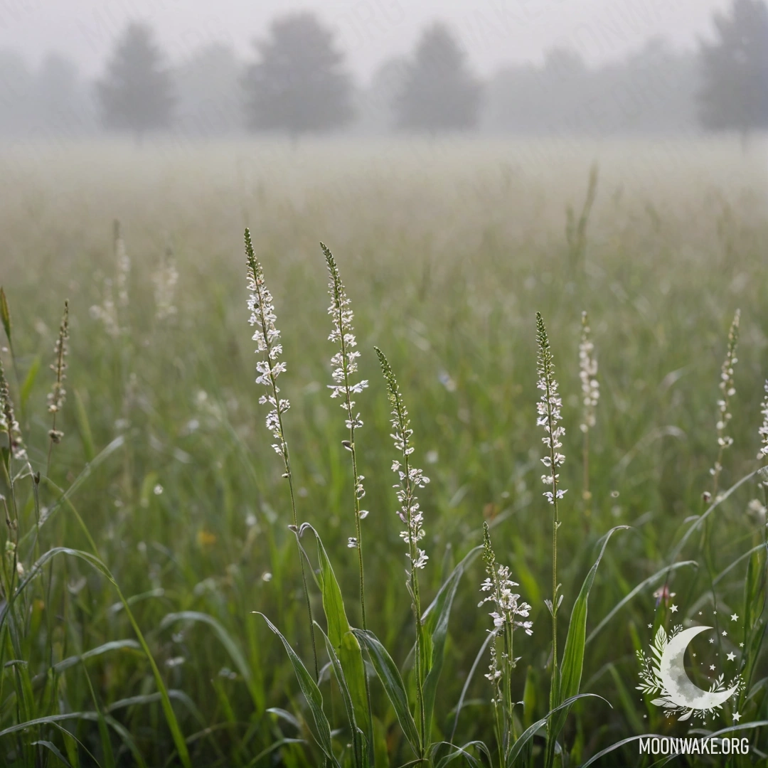 A close-up view of grass in a romantic field surrounded by mist and flowers.