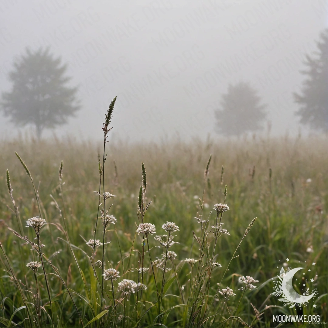 Romantic Field of Grass in Mist Close-up of grass in a romantic field with flowers blurred in the background