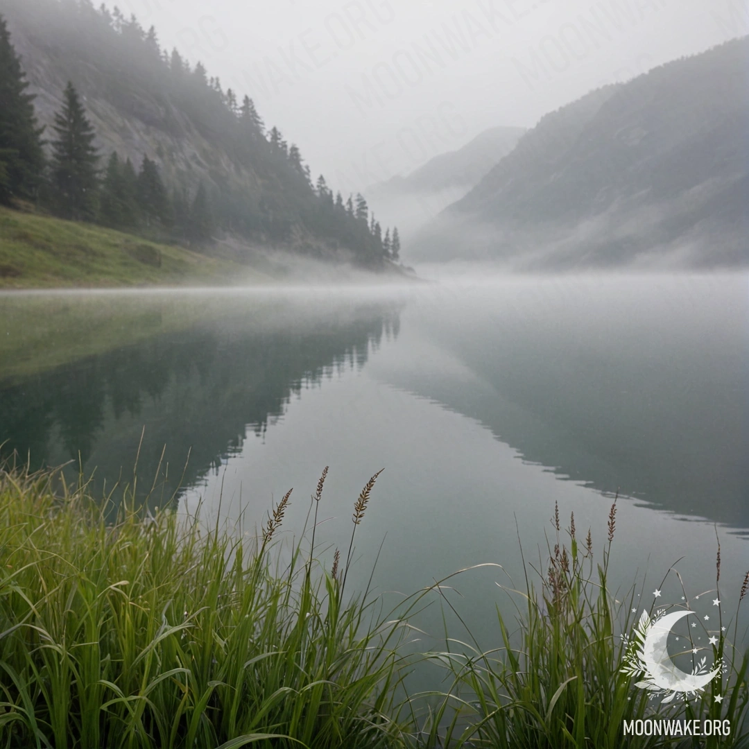 Close-up of field grass in front of a misty mountain lake.