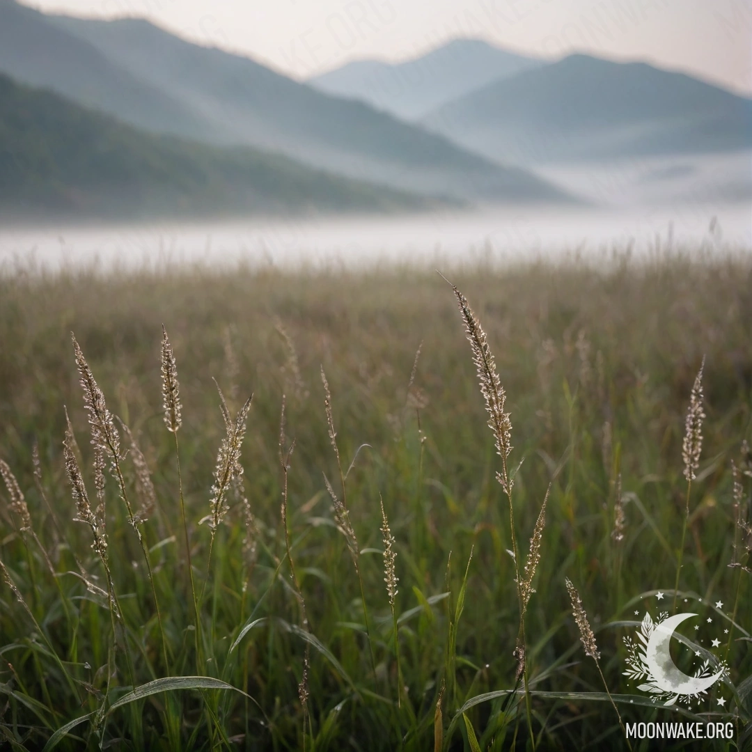 Close-up of grass in a romantic field with foggy mountains in the background.