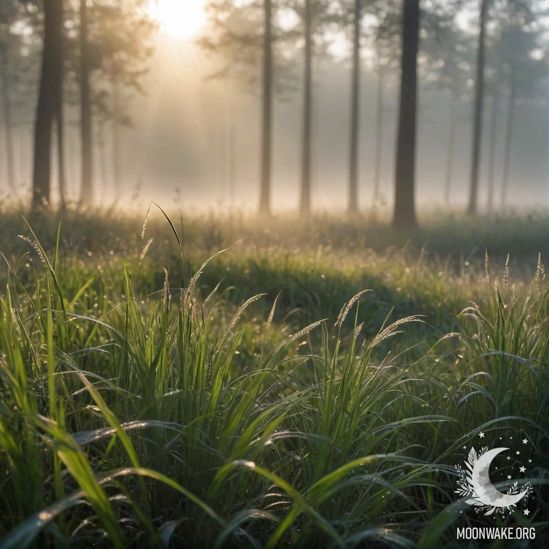 Romantic Field with Sun Rays and Mist Close-up of grass in a romantic field against a bokeh forest with sun rays piercing the mist.